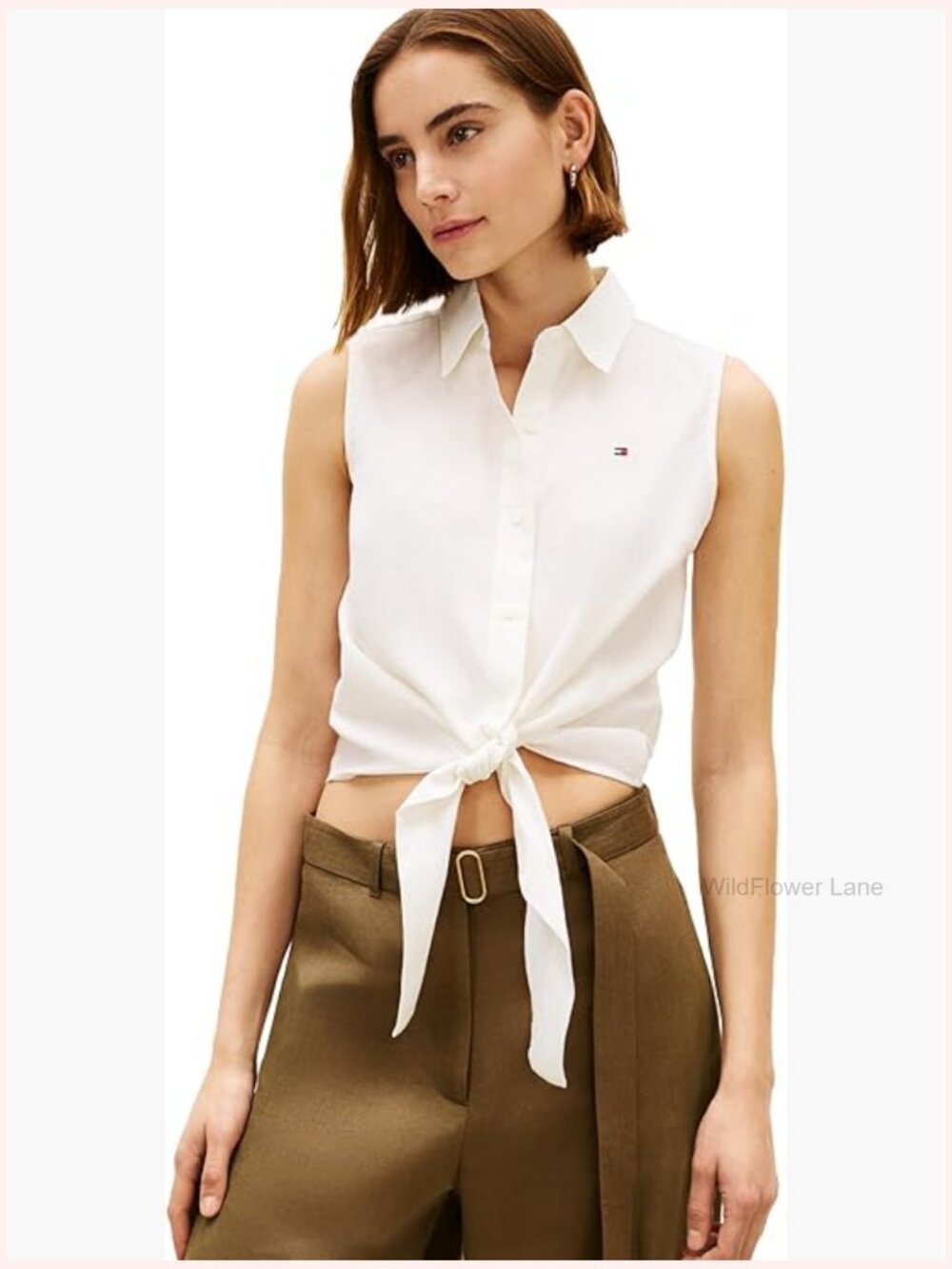 Lightweight Linen Sleeveless Button Down Shirt Front Tie Blouse